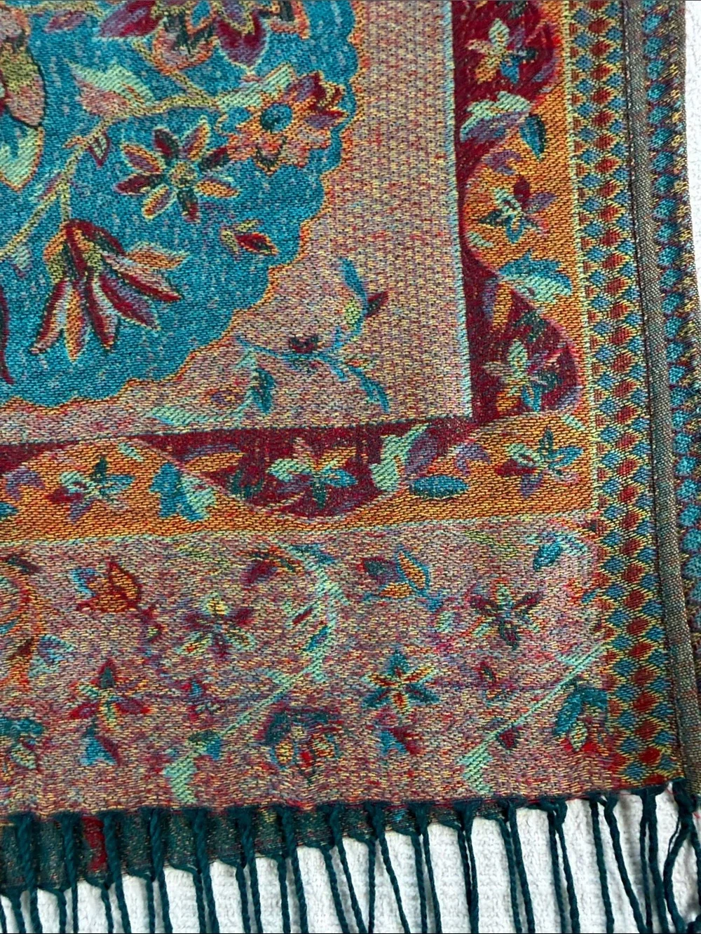 Teal, burgundy maroon and gold paisley print scarf/shawl pashmina